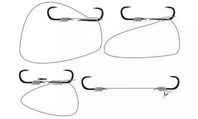 现在要给绑好的双钩打结.1)固定钩距,钩距一般在1.