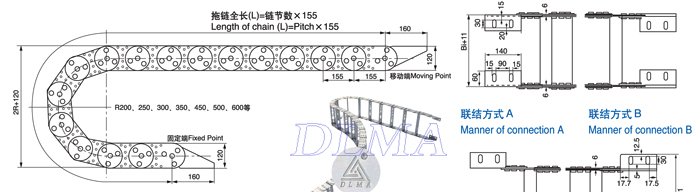 DLMA-TL155型钢制拖链安装尺寸图