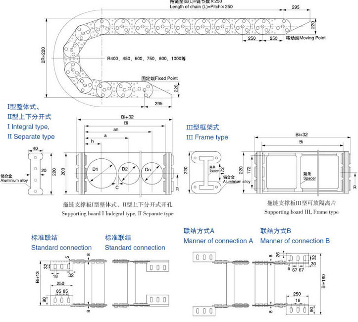 德莱特DLAITE-TL250型钢制拖链安装尺寸图