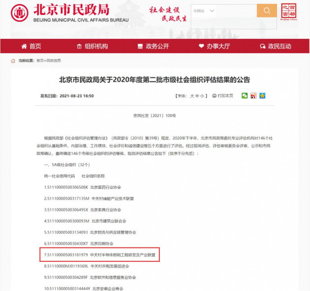 中关村半导体照明工程研发及产业联盟荣获“5A级社会组织”