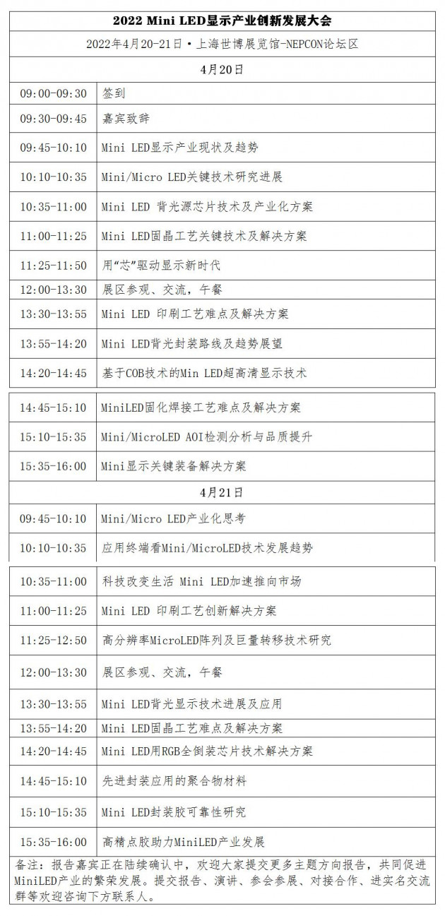 2022 Mini LED显示产业创新发展大会将于4月20-21日在上海召开