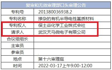 天马成功申请将日本保土谷OLED材料基础专利全部无效