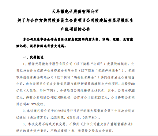 天马微电子合资项目公司拟芜湖市建设新型显示模组生产线项目 总投资80亿元