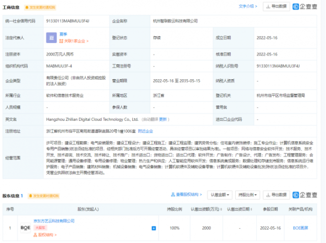 京东方成立杭州智联数云科技公司 注册资本2000万元