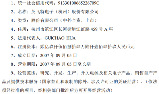 英飞特完成工商变更登记，换发营业执照 