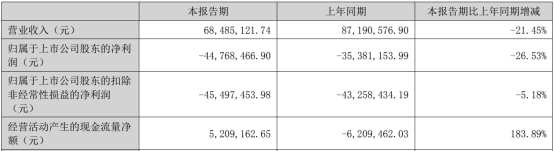 雪莱特上半年营收6848万元，同比预减21.45% 