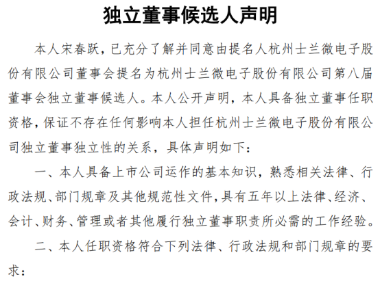 士兰微提名4人为董事会独立董事候选人 