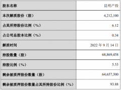 闻泰科技股东昆明产投解除股份质押421.21万股