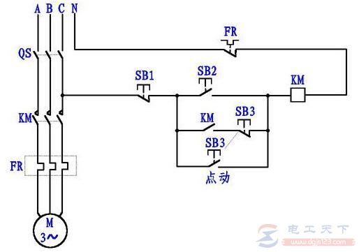 一例电动机点动、单向转动控制线路的电路图