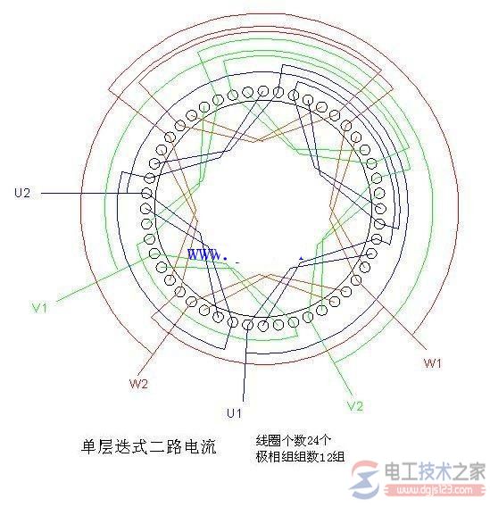 电动机接线图1：48槽4极三相异步电动机接线图