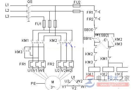 接触器控制双速电动机的电路接线图