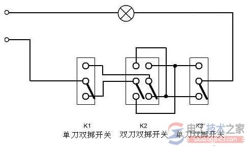 一灯三控开关接线图与接线方法