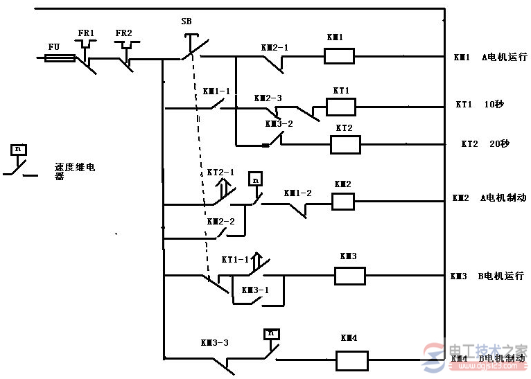 二台电动机实现顺序制动的电气原理图