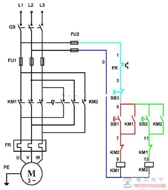 电动机的电气互锁与双重互锁实现正反转的电气原理图