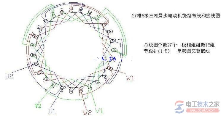 电动机接线图(16)：27槽6极三相异步电动机接线图