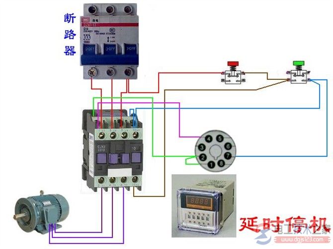 三相异步电动机延时启动实物接线图说明