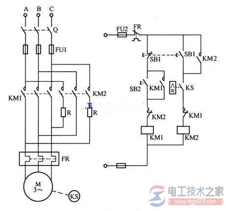 异步电动机反接制动控制的原理与接线图