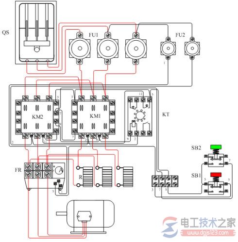 定子绕组串接电阻降压起动的电气原理接线图
