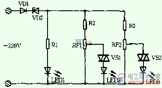市电电压偏离指示器的电路图解 市电电压偏离指示器的电路图解