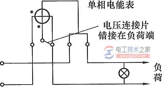 单相电能表表内电压连接片错接在电流线圈负荷端的接线图