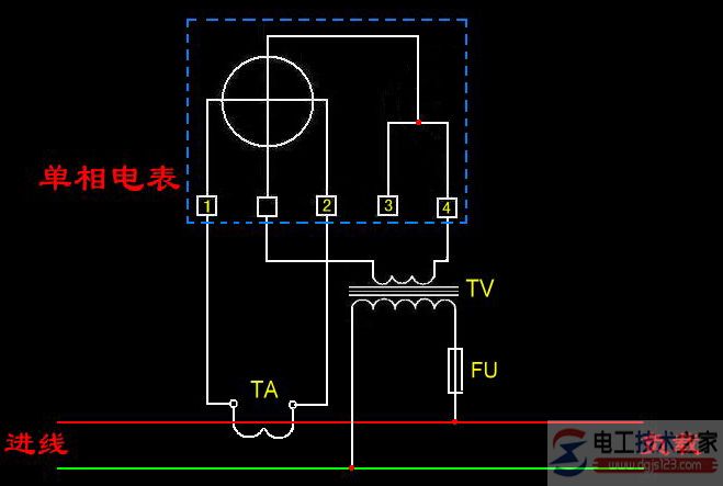 单相有功电能表与电流及电压互感器接线图