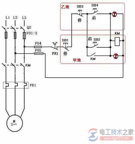 电机两地控制方法及电路图