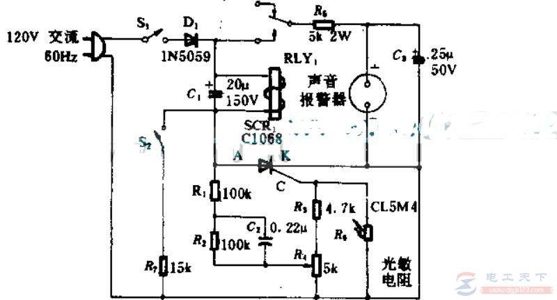 一例简单的光控报警电路原理图
