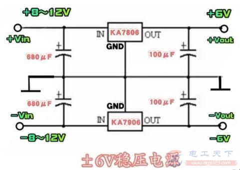 一例±6V稳压电源的电路原理图
