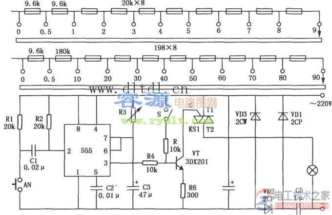 几款555延时电路实现延时定时功能的接线图