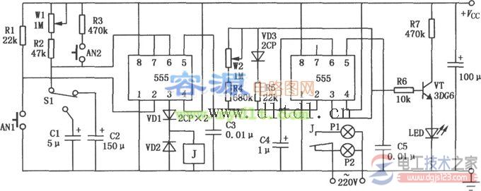 几款555延时电路实现延时定时功能的接线图