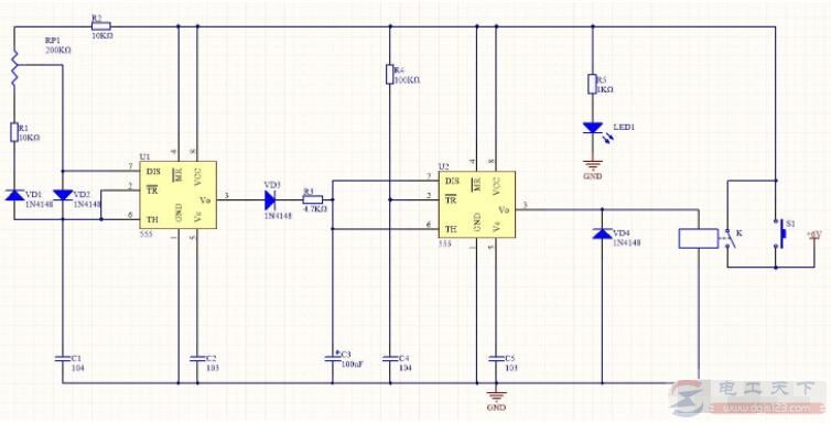 555芯片设计的长延时定时器电路原理图 555芯片设计的长延时定时器电路原理图