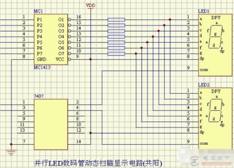 一例并行LED数码管动态扫描的显示电路(共阳)