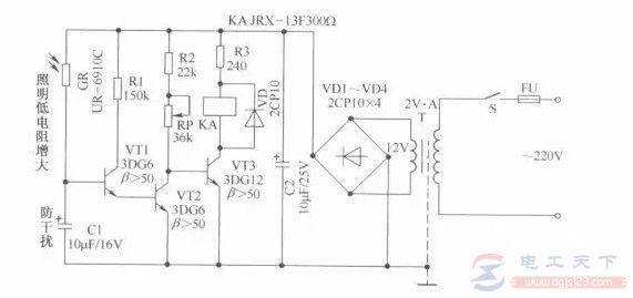 一例路灯光电控制电路的工作过程说明