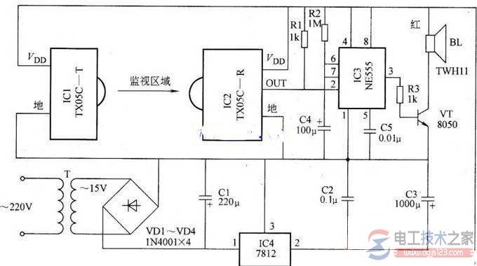 红外线报警器电路原理图与元器件选择