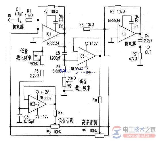 NE5532制作音调控制电路的工作原理图