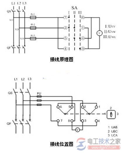 电压表经转换开关测量三相线电压如何接线？