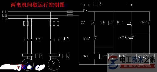 双时间继电器互相控制的线路图_两电动机间歇运行控制图