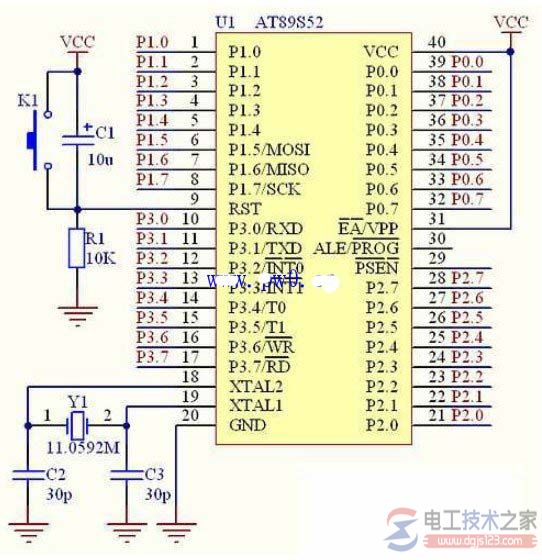 at89s52单片机最小系统电路原理图 at89s52单片机最小系统电路原理图