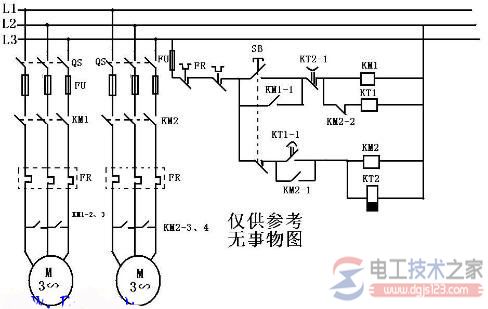 两台电机顺序启动与逆序停止的原理接线图