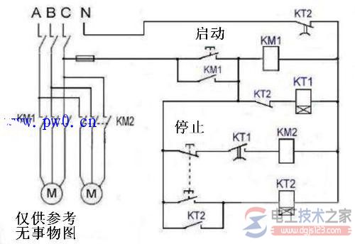 两台电机顺序启动与逆序停止的原理接线图