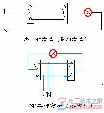 双控电灯开关接线图的二种方法