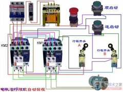 电动机运行限位自动回程的实物接线图