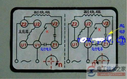 单相双电容电机正反转的接线图