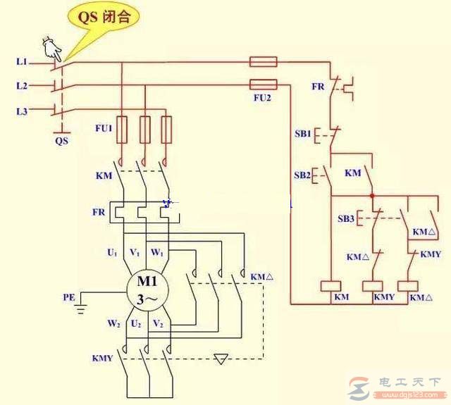 一例按钮和接触器Y-△降压启动的电路图 一例按钮和接触器Y-△降压启动的电路图
