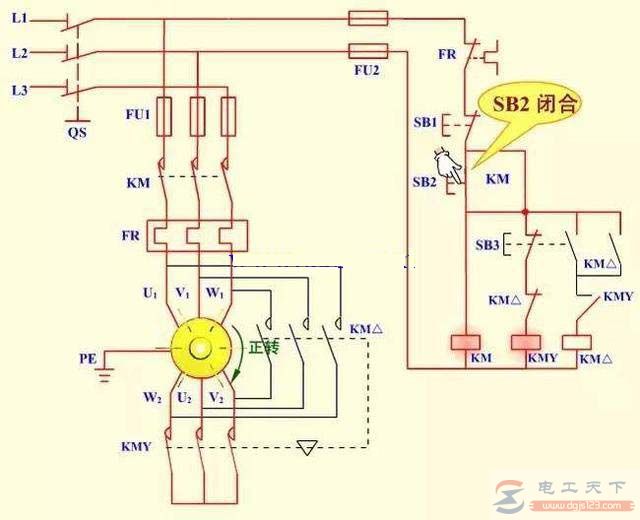 一例按钮和接触器Y-△降压启动的电路图 一例按钮和接触器Y-△降压启动的电路图