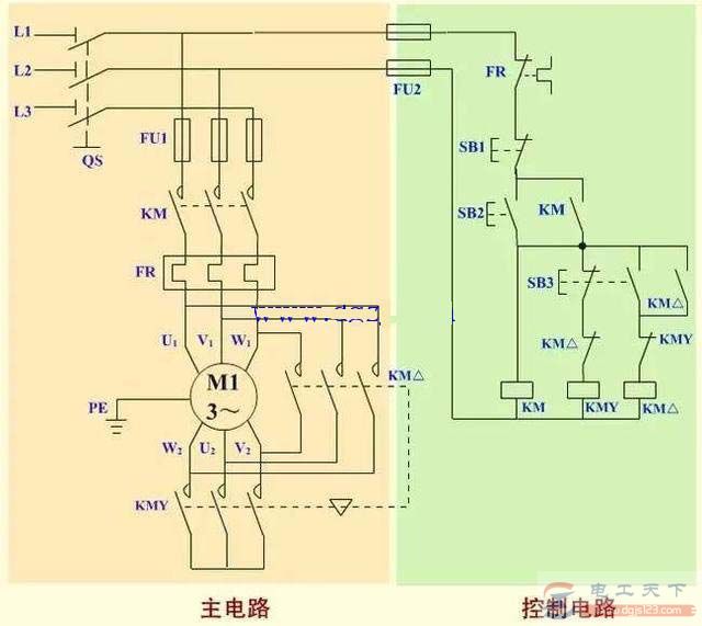 一例按钮和接触器Y-△降压启动的电路图 一例按钮和接触器Y-△降压启动的电路图
