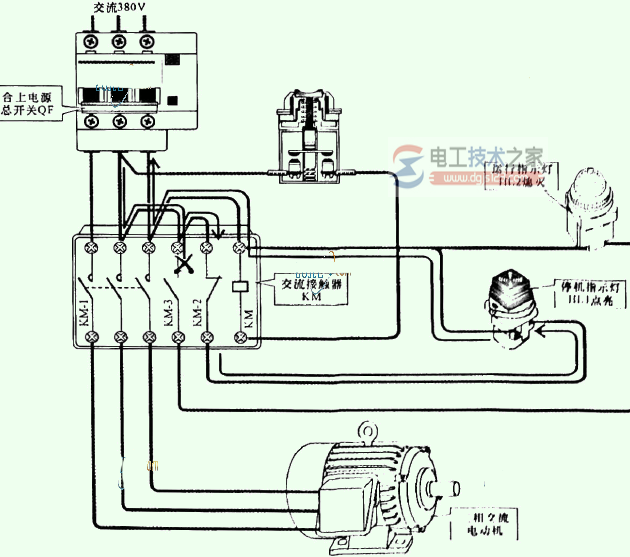 合上电源总开关时交流接触器的控制关系的示意图