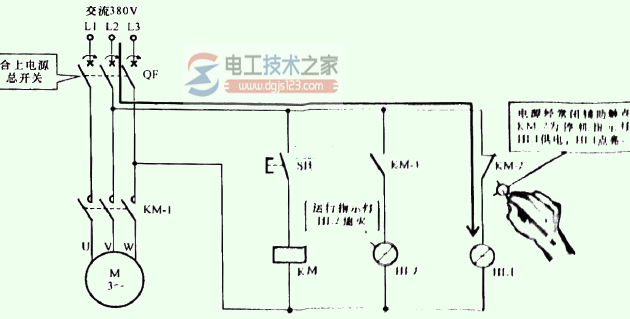 合上电源总开关时交流接触器的控制关系的示意图