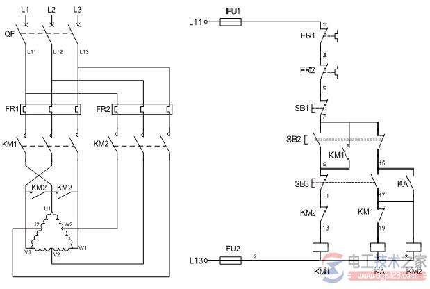 交流接触器控制双速电动机的原理图与接线图