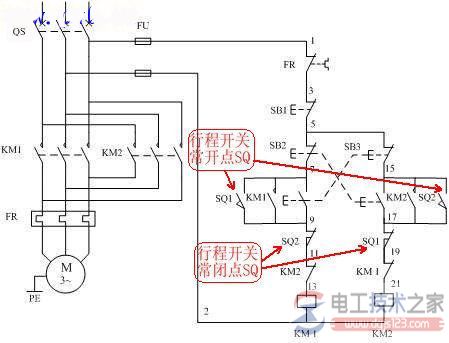行程开关与交流接触器的接线图